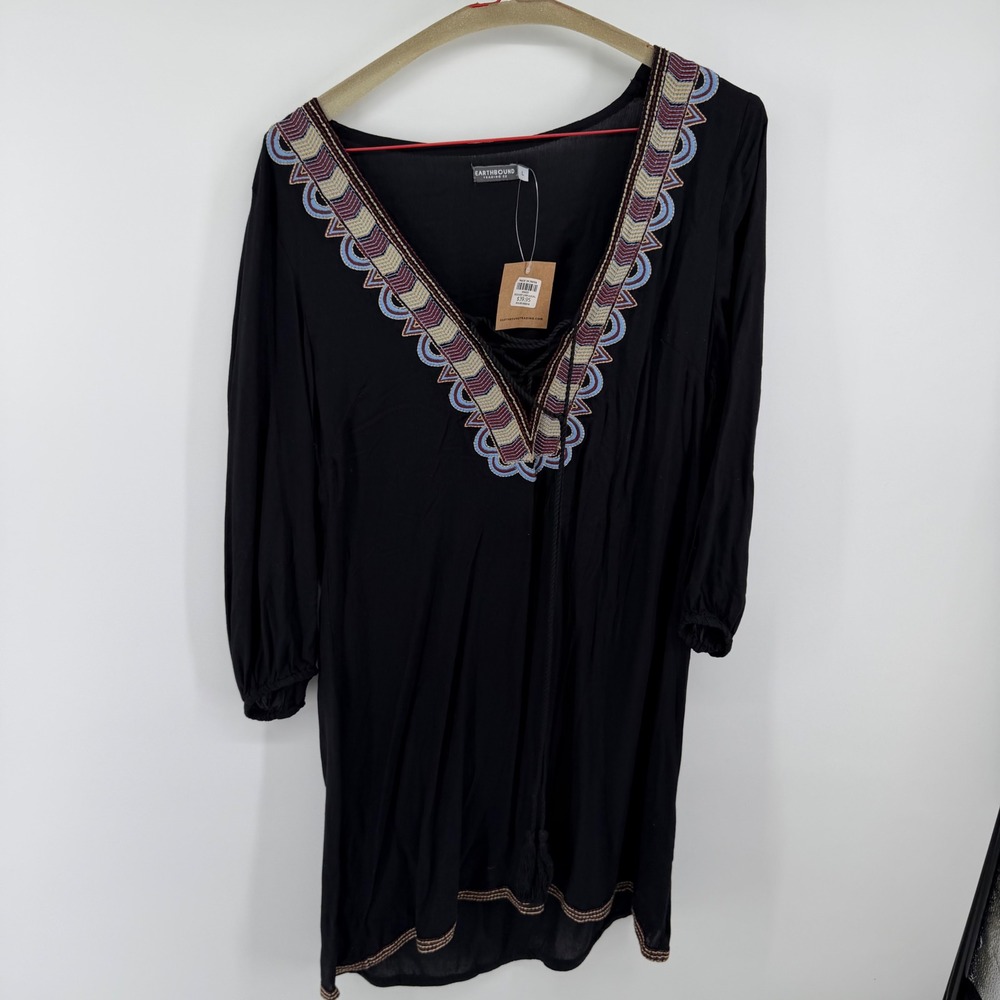 Earthbound Trading Co Black Embroidered Lace‎ Up V-Neck Mini Dress Large NWT